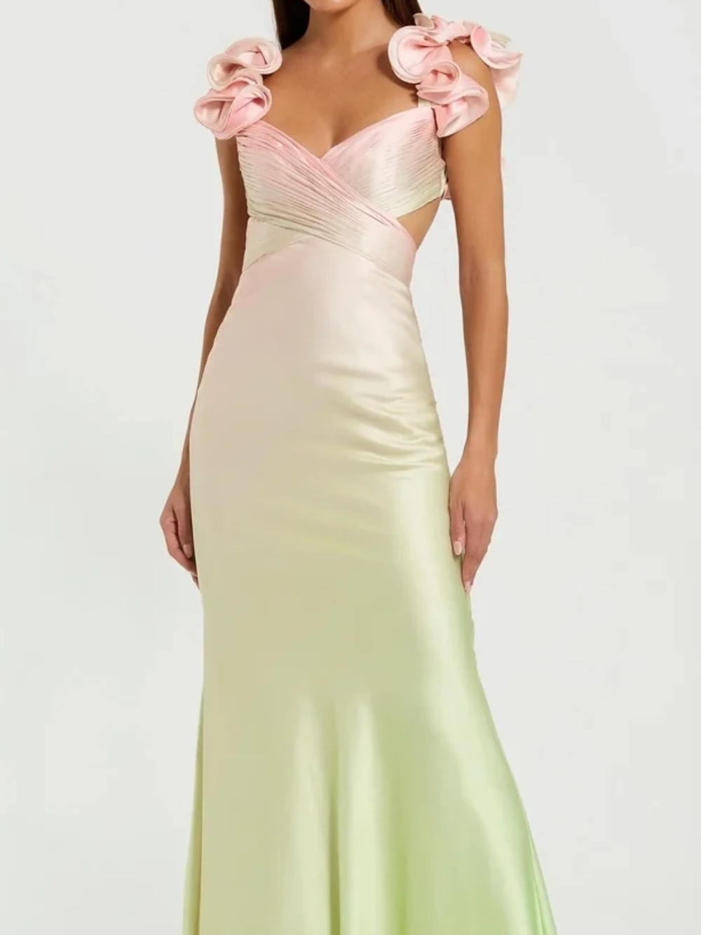 Mac Duggal Pink and Light Green One-Shoulder Satin Gown